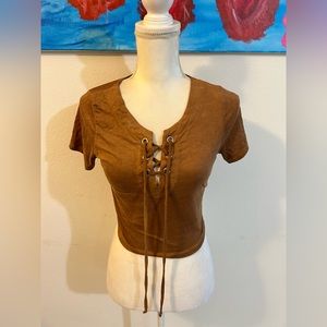 🌸 Fashion Nova Light Brown Suede Short Sleeve Crop Top